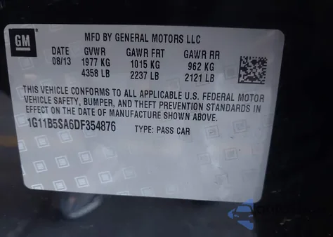 2013 Chevrolet Malibu 1Ls из США, поврежденный, VIN 1G11B5SA6DF354876